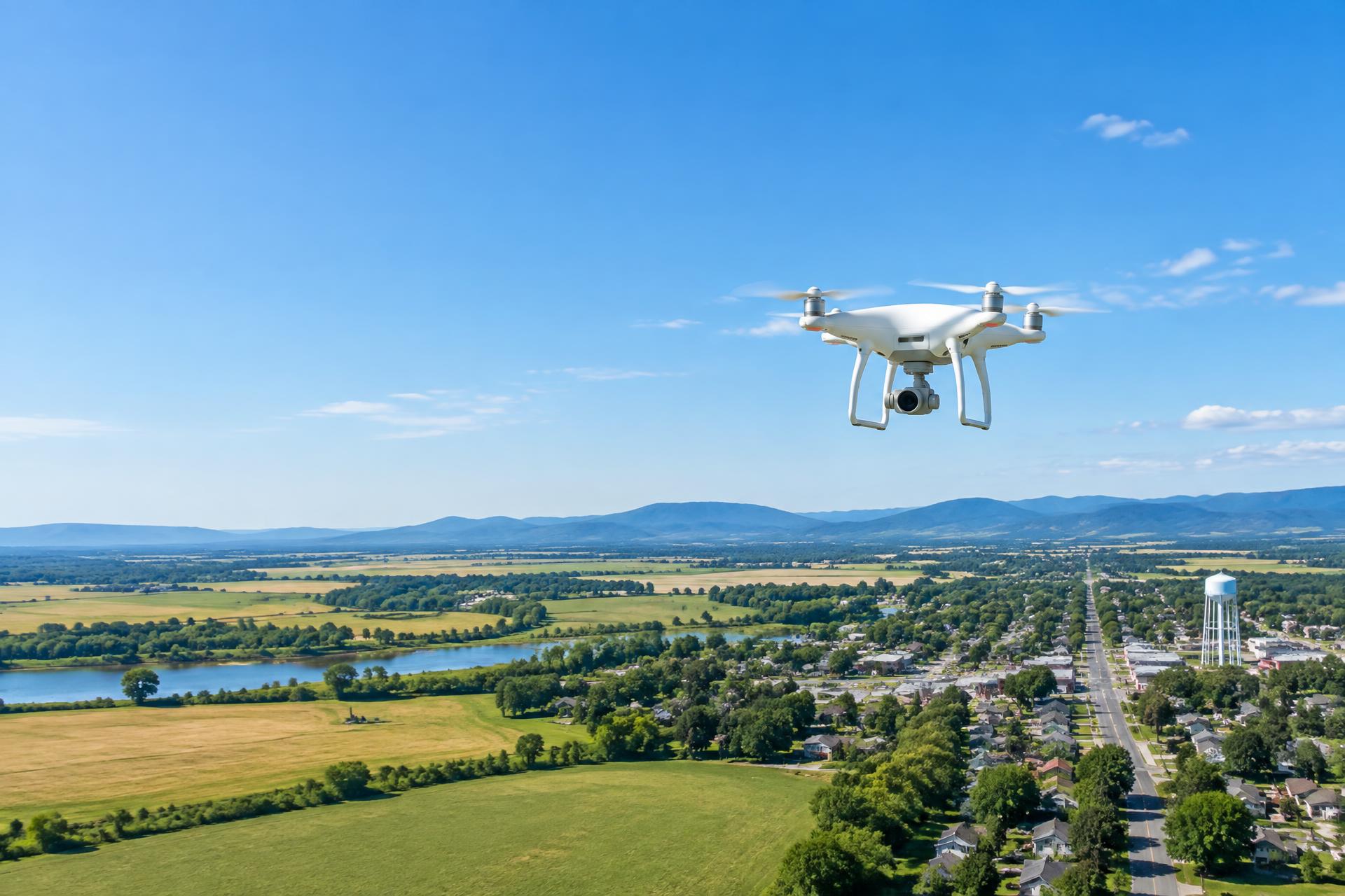 Drone flying over a green landscape in morning light